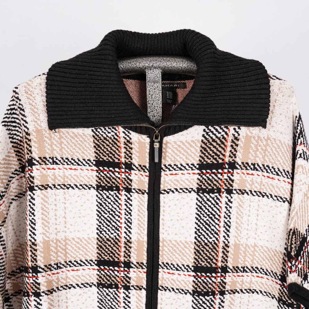 TAHARI Tan Red Plaid Full Zip Cape Poncho Soft Rayon Blend Cozy Warm Size SMALL